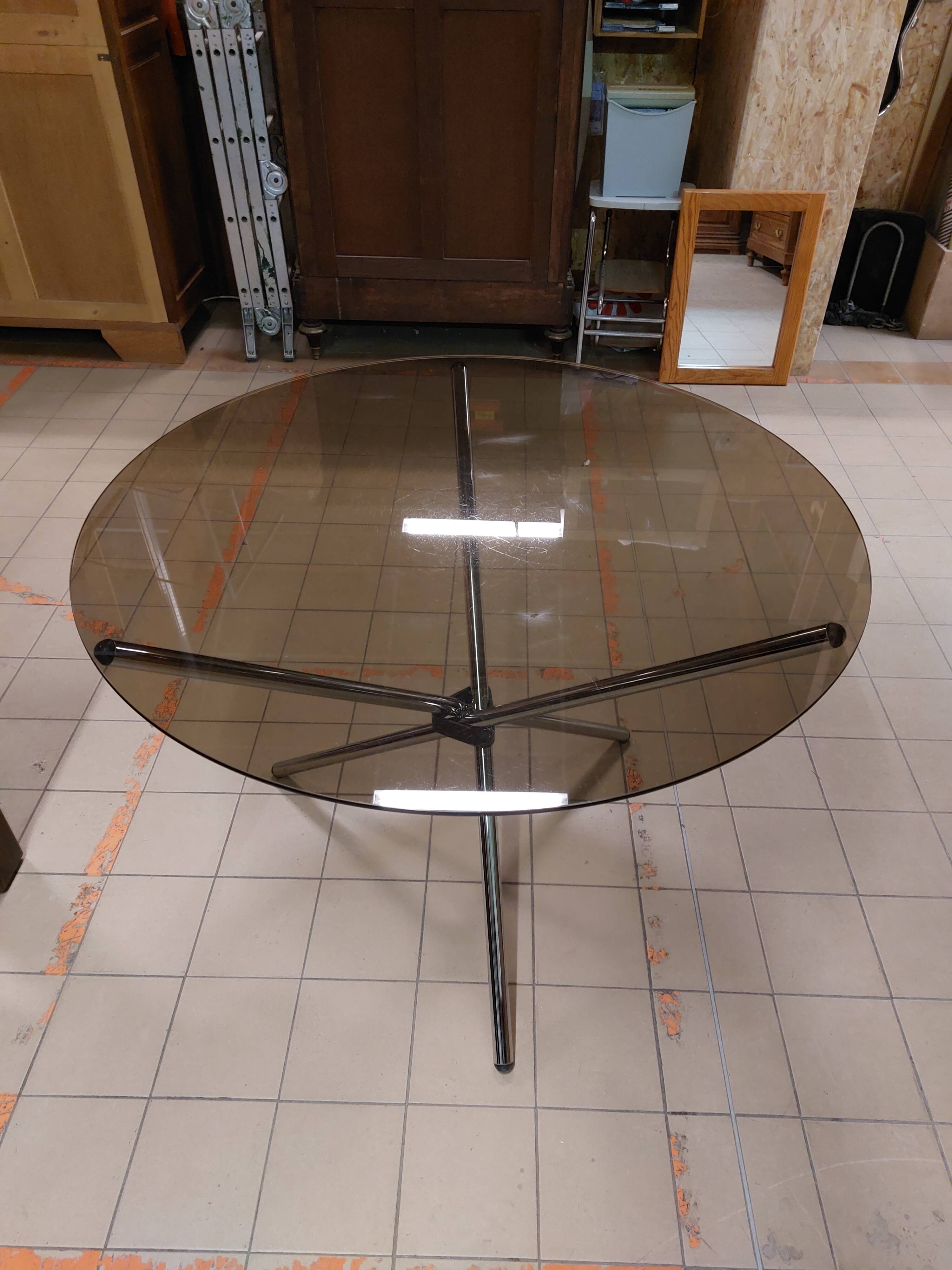 Roche Bobois vintage round table Chrome and smoked glass