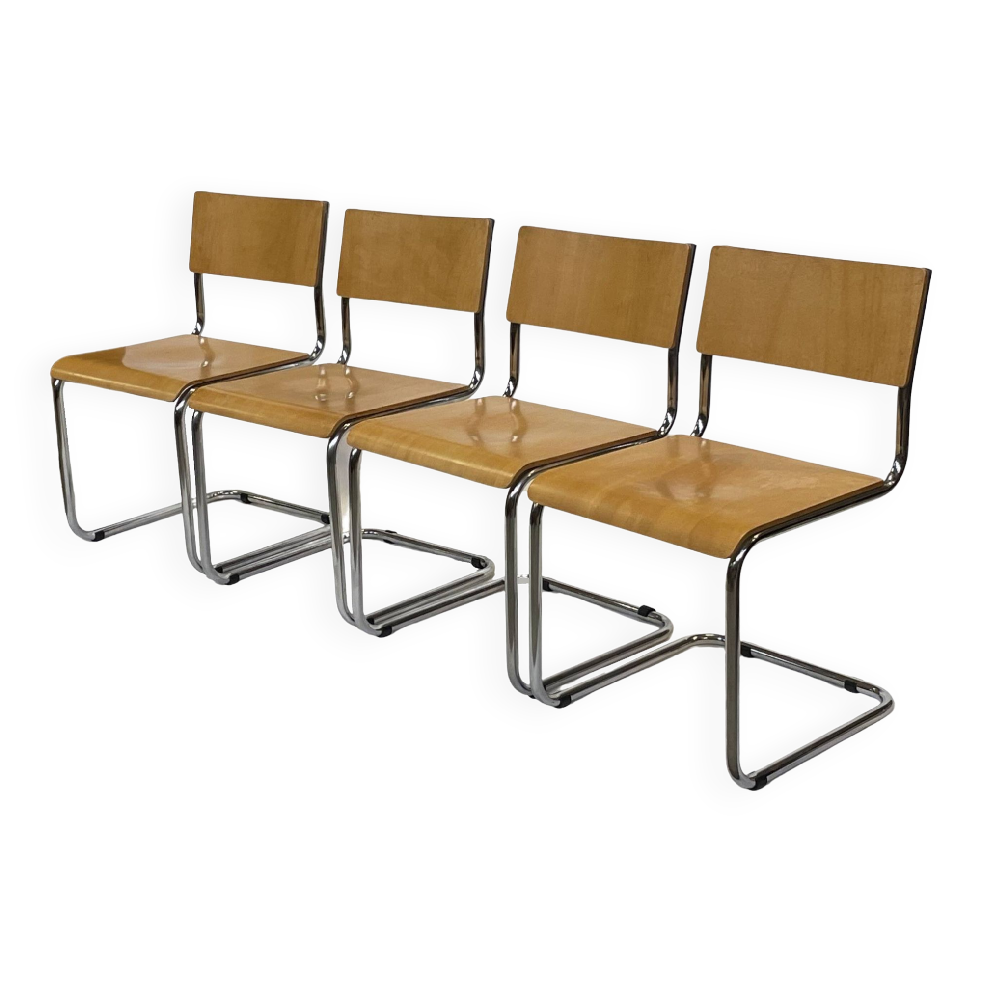 Set of four vintage dining room chairs, wood and chrome,  1970s