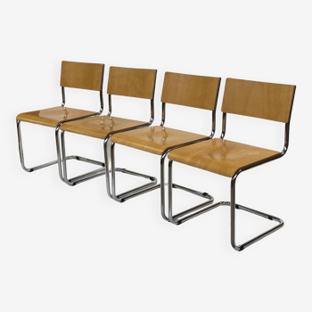 Ensemble de quatre chaises de salle à manger vintage, bois et chrome, 1970