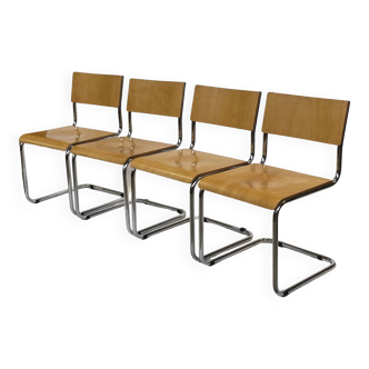 Ensemble de quatre chaises de salle à manger vintage, bois et chrome, 1970