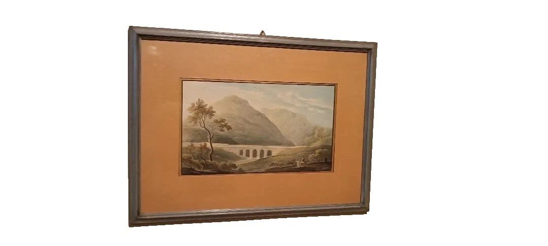 19th Century Watercolour on Paper – Landscape with Aqueduct and Bridge