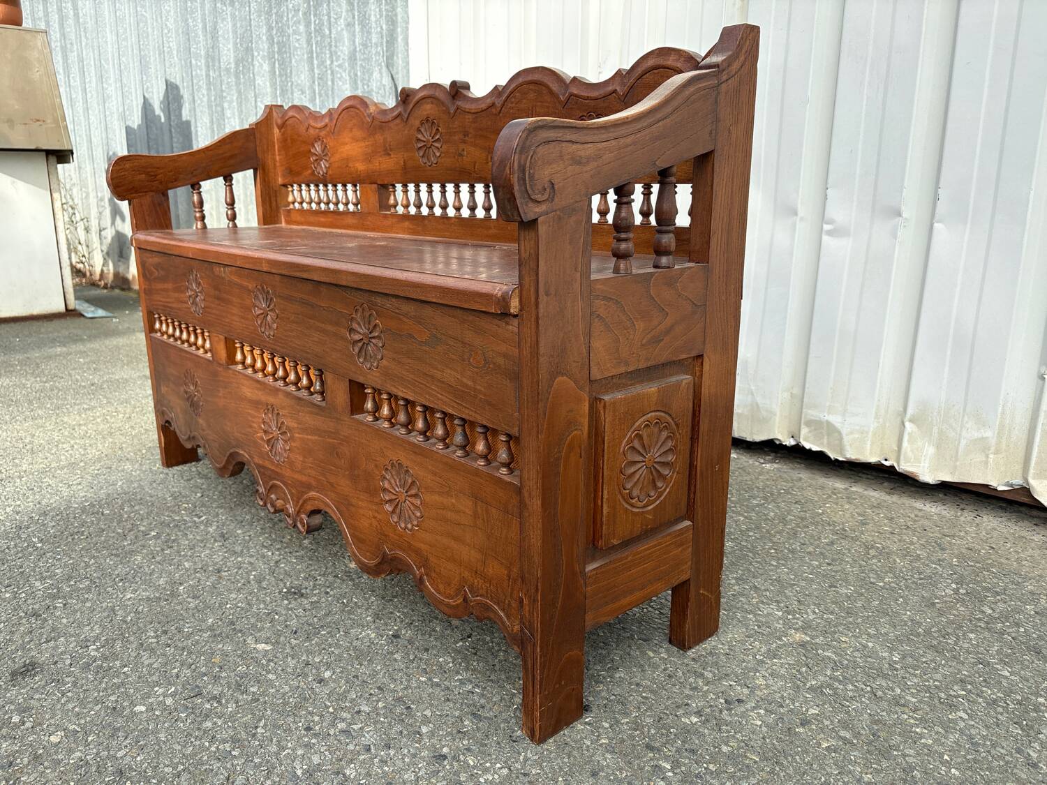Carved wooden storage bench – rustic Savoyard style