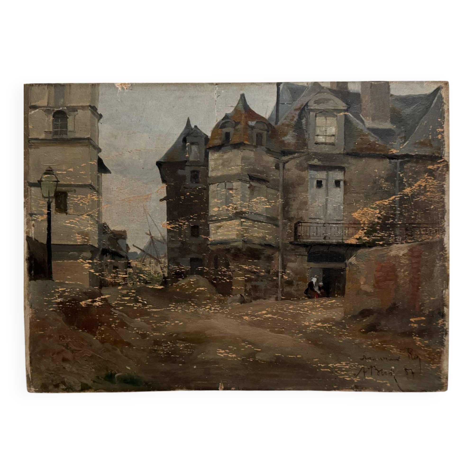 Oil on panel street scene by Roy 1856