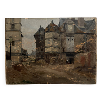 Oil on panel street scene by Roy 1856