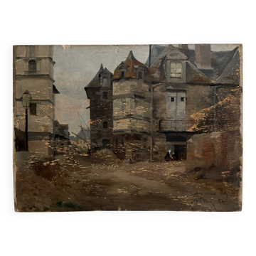 Oil on panel street scene by Roy 1856