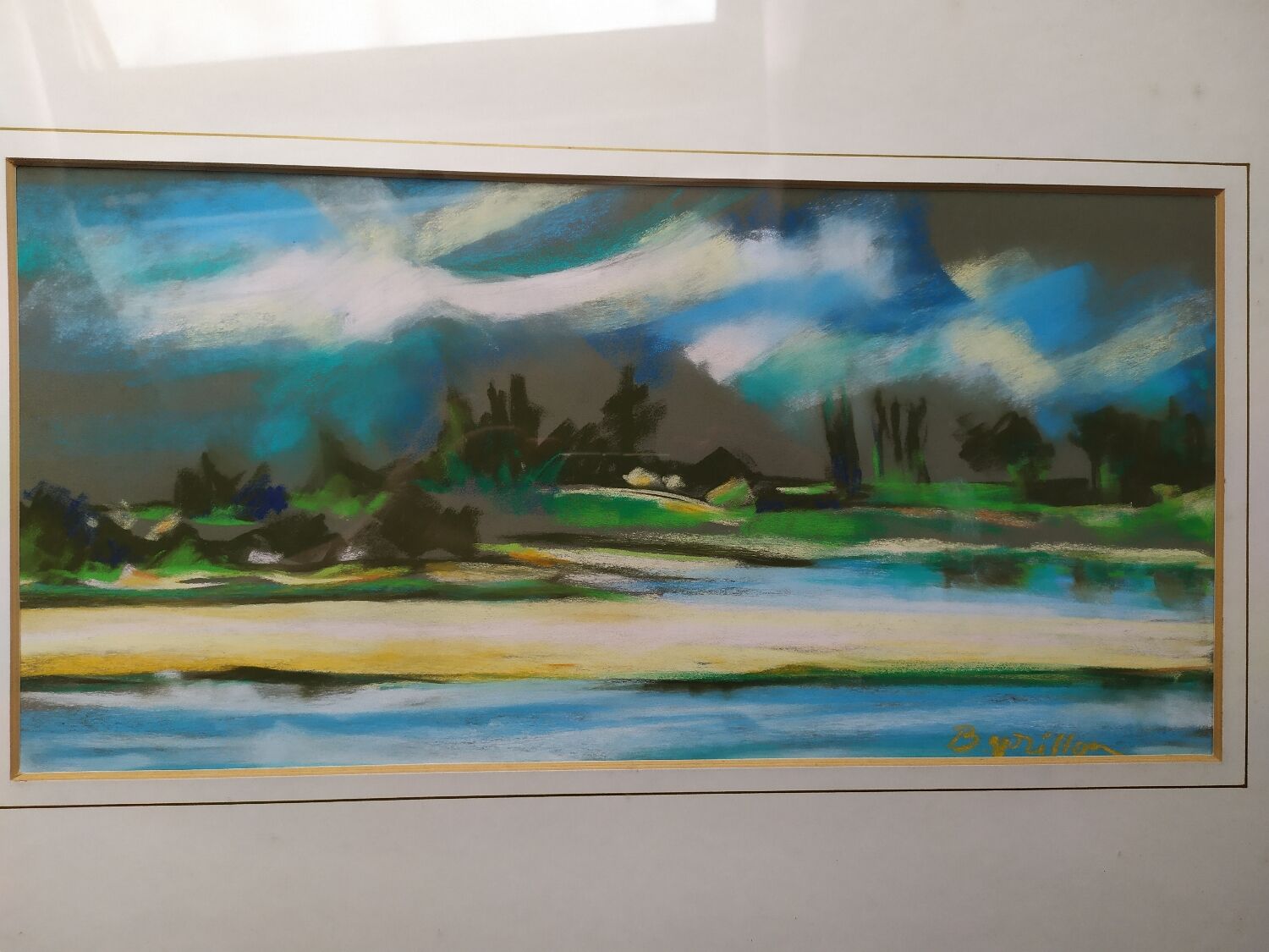 Landscape in framed pastel signed Burillon