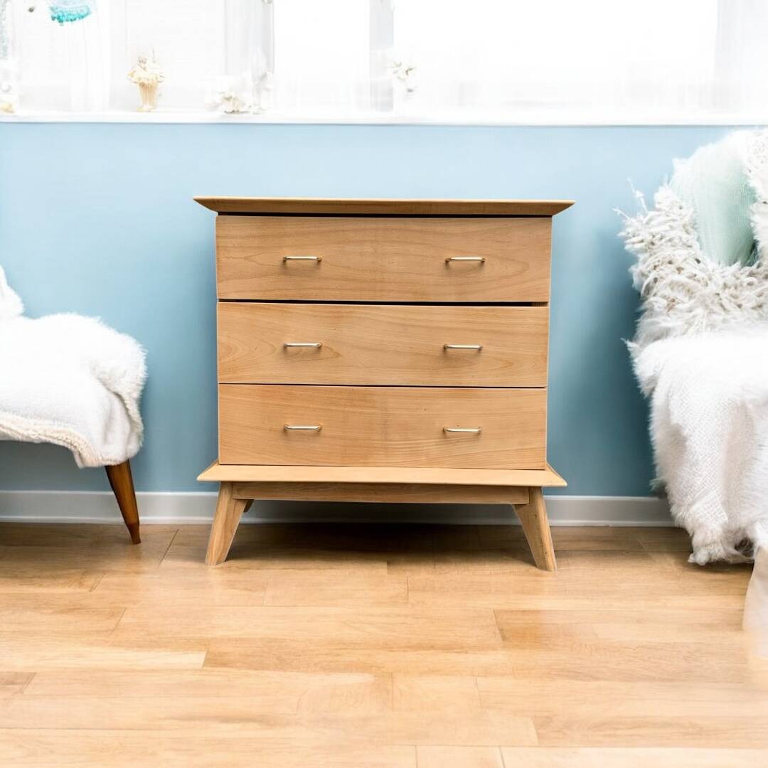 Vintage chest of drawers with compass feet, solid raw beech, 1960s