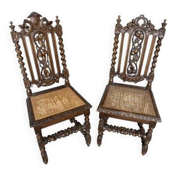 Pair of antique henri ii chairs carved wood + vintage caned seat