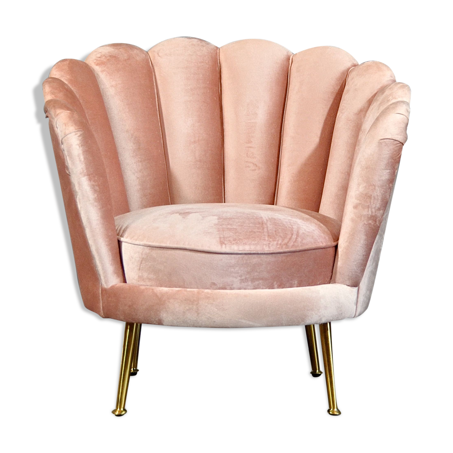 Art deco petal armchair in powder pink velvet and brass legs