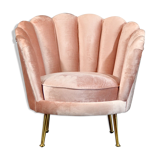 Art deco petal armchair in powder pink velvet and brass legs