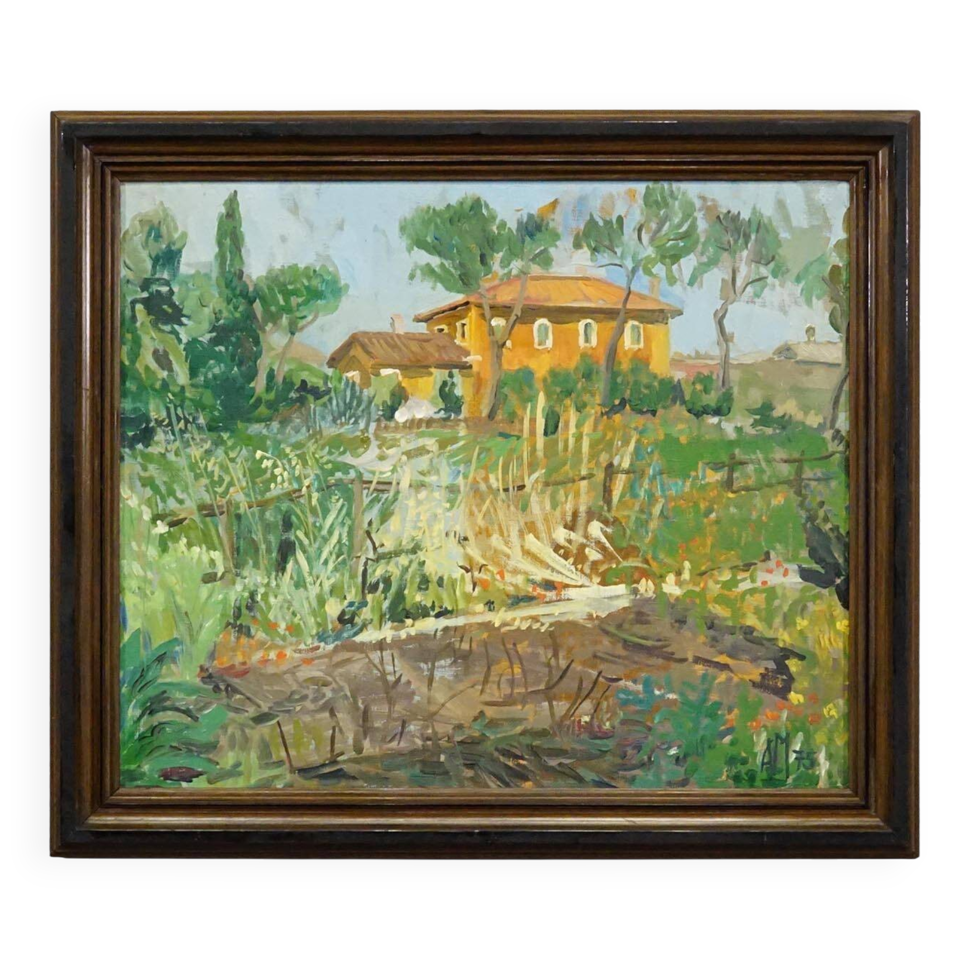 Vintage oil painting of a Mediterranean village, Alexander Michael 1975.