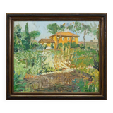 Vintage oil painting of a Mediterranean village, Alexander Michael 1975.