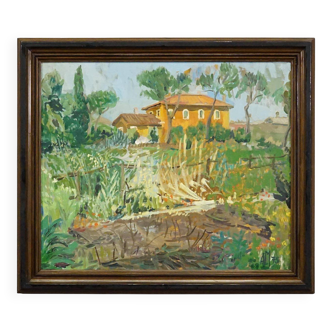 Vintage oil painting of a Mediterranean village, Alexander Michael 1975.