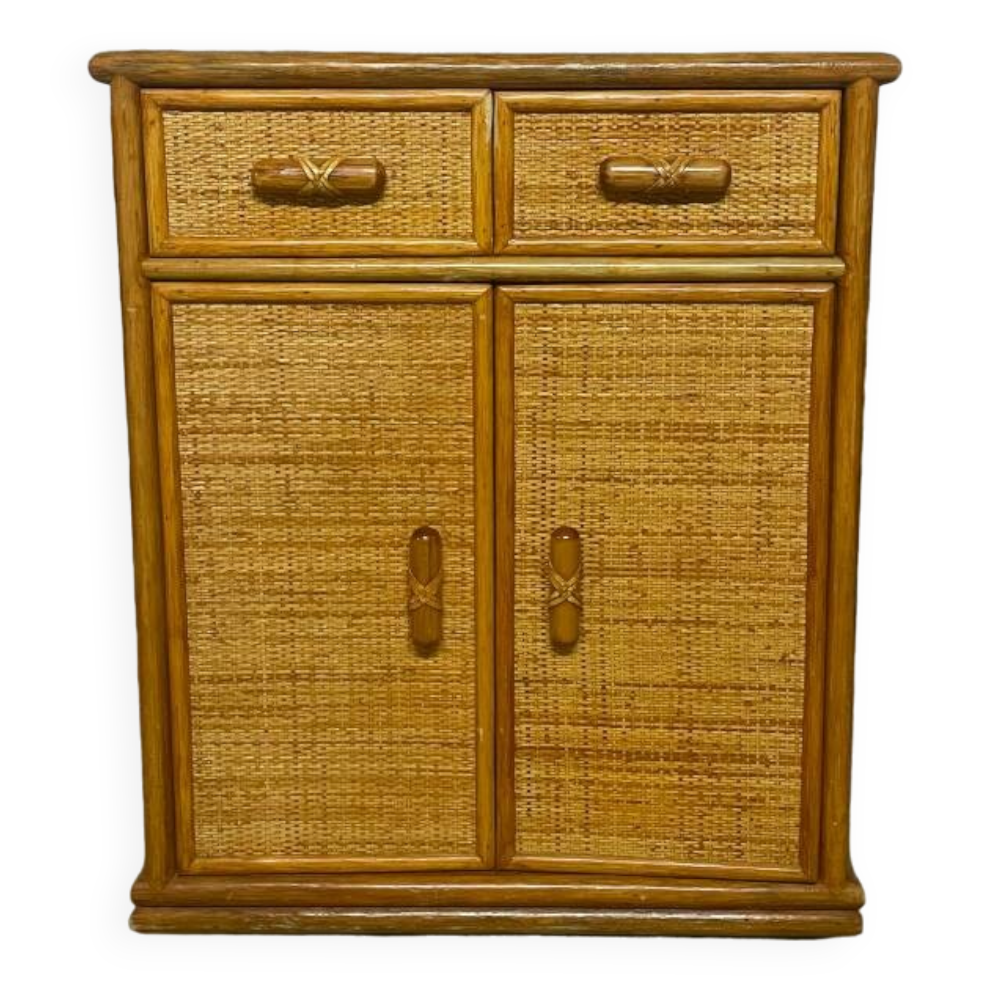 Vintage wooden and rattan chest of drawers