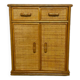 Meuble commode vintage en bois et rotin