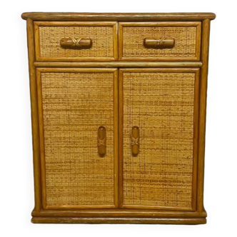 Meuble commode vintage en bois et rotin