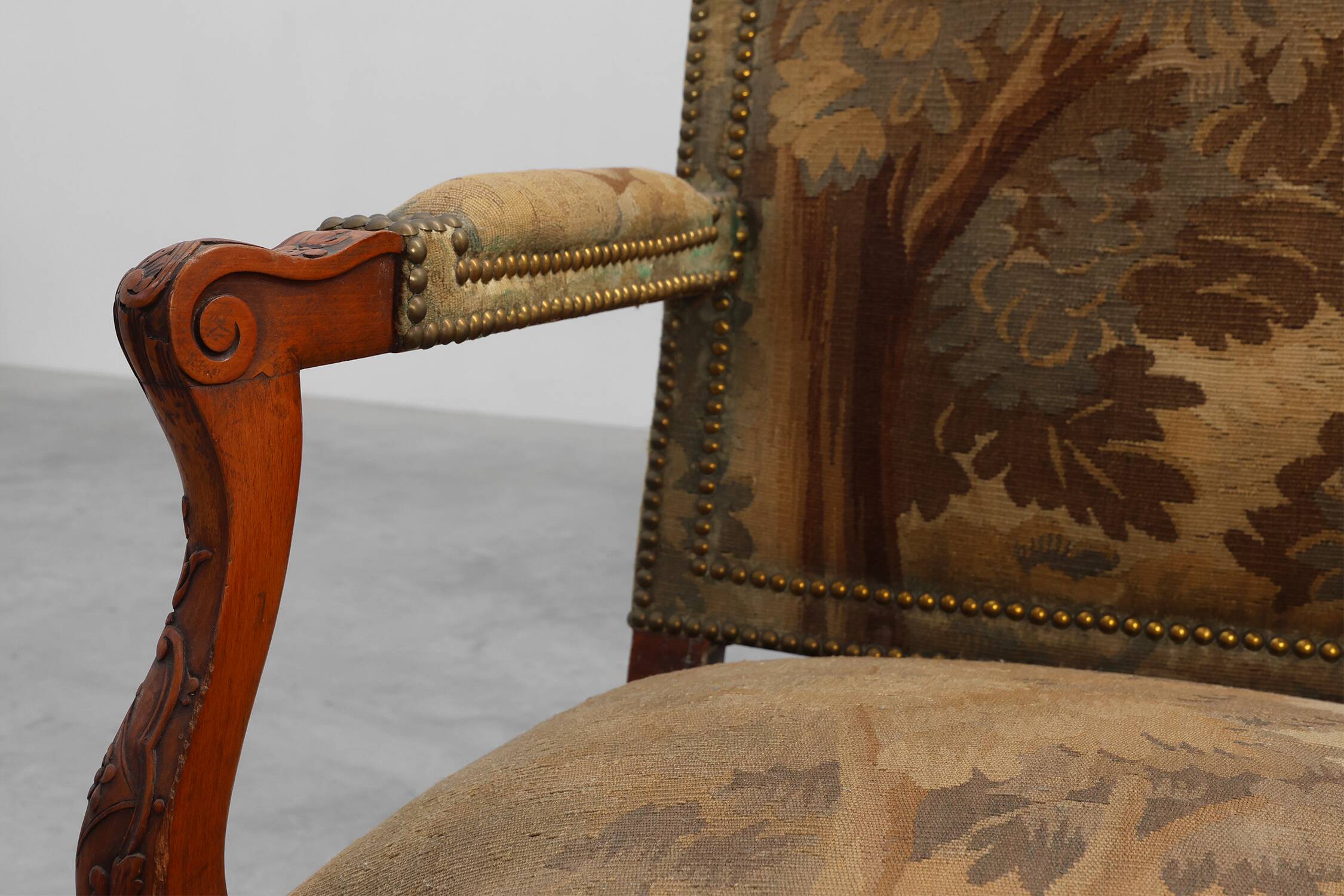 Carved Walnut Armchair with Cabriole Legs and Tapestry Upholstery, France