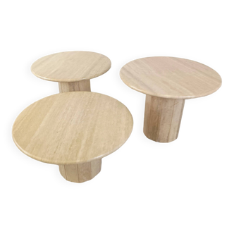 Vintage round travertine coffee table set, 1970s