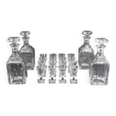 Complete antique glassware, liqueur cabinet with 16 glasses + 4 decanters, cut crystal.
