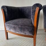 Pair of vintage barrel chairs in blue-grey velvet - 1950s/60s