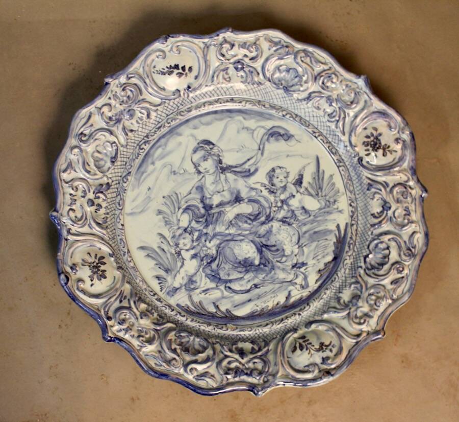 Large blue faience plate from Savona, Italy, 48 cm in diameter.