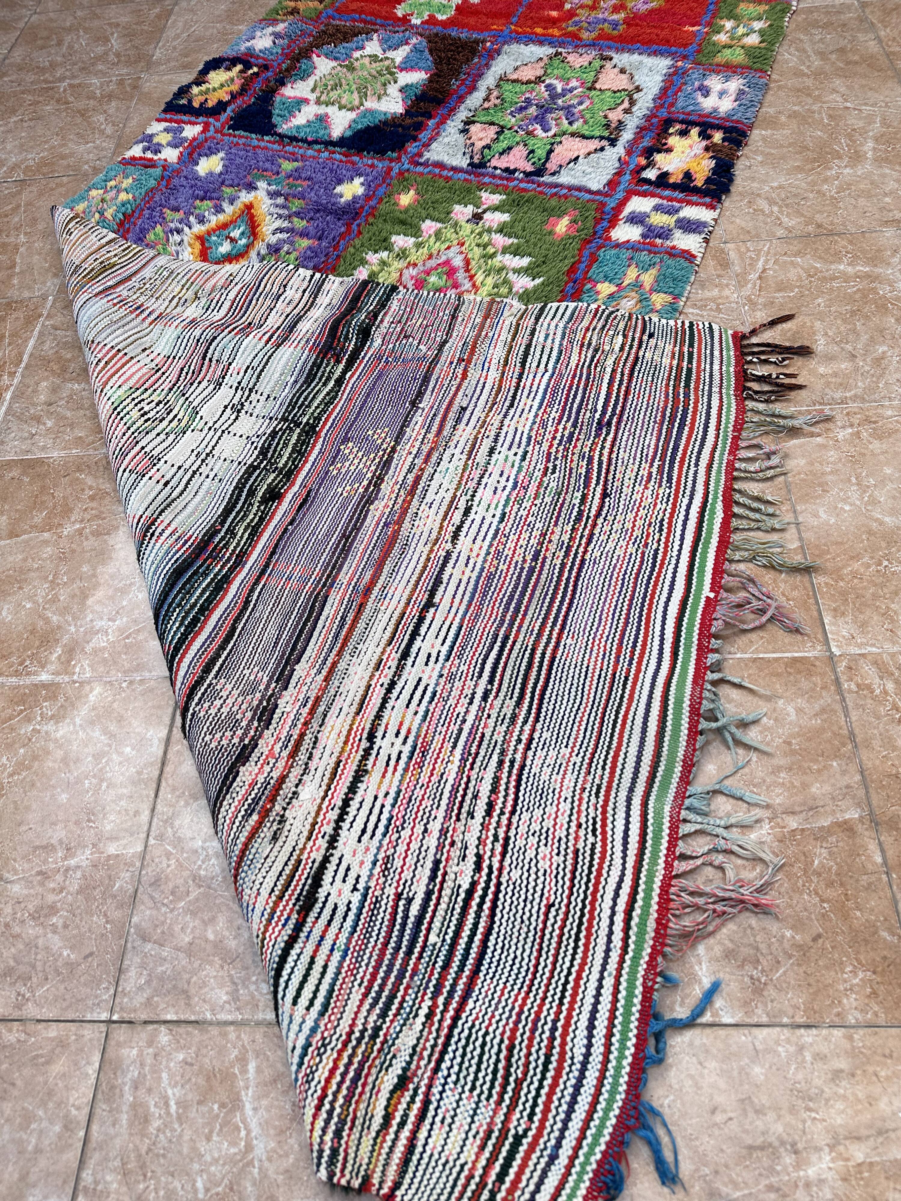 Vintage Boucherouite hallway rug: handwoven Berber rug.