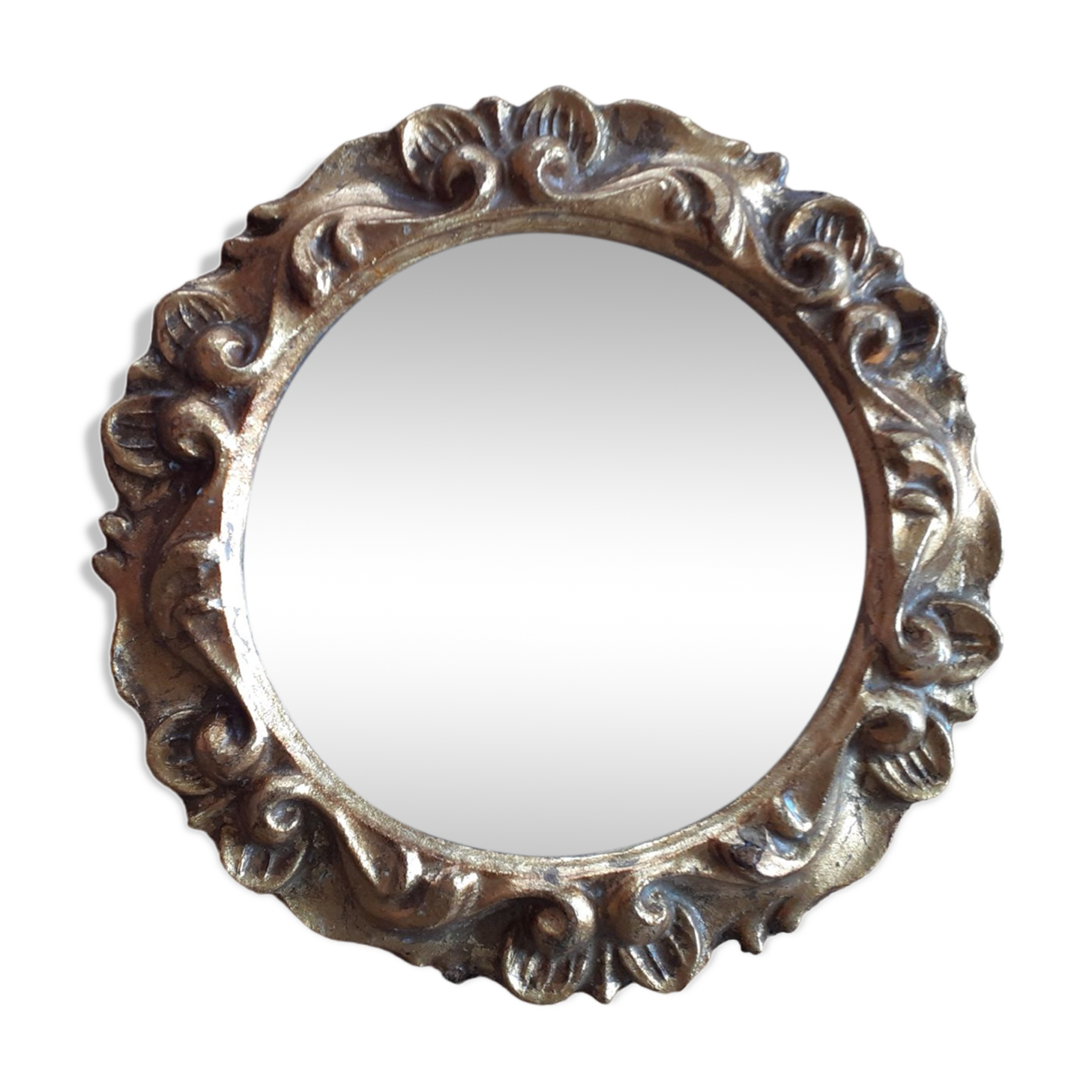 Miroir vintage rond en bois doré 24cm