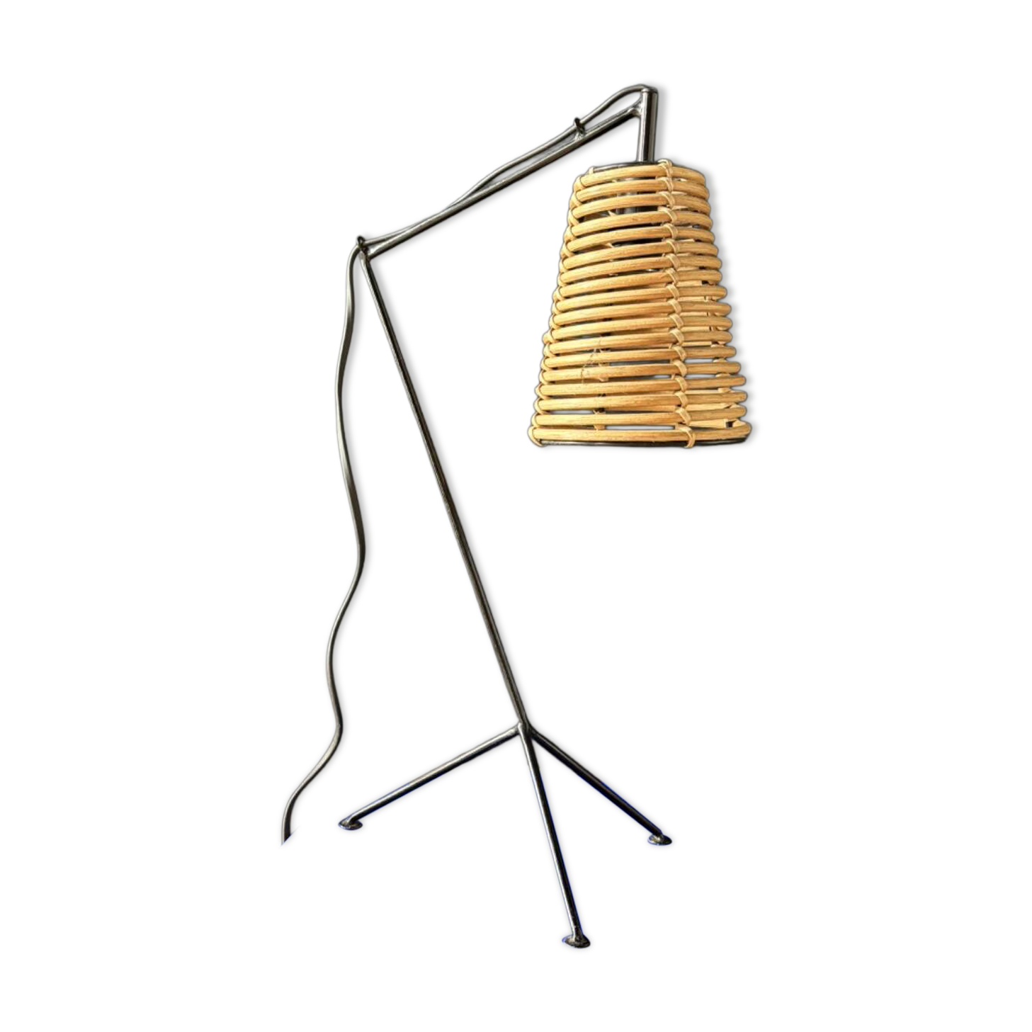 Lampe vintage métal noir et rotin – années 1960/70