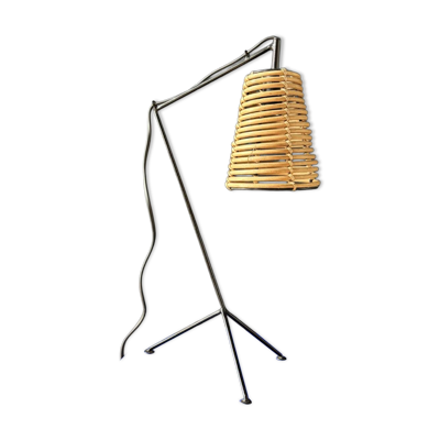 Lampe vintage métal noir et rotin – années 1960/70
