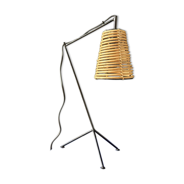 Lampe vintage métal noir et rotin – années 1960/70
