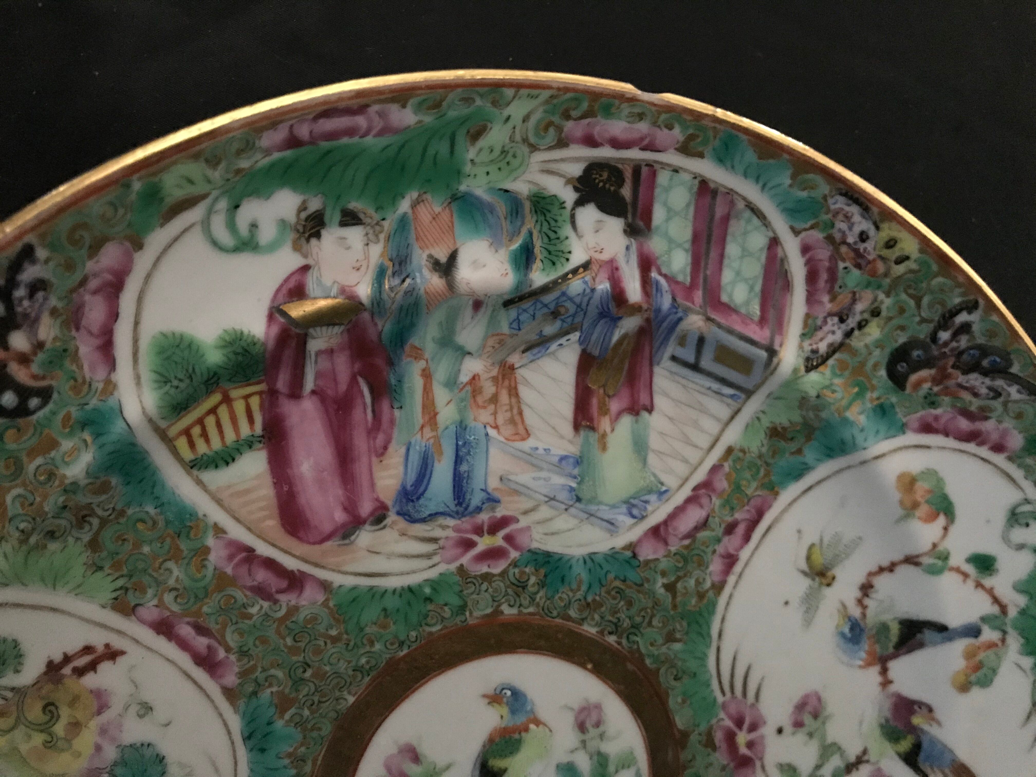 Canton porcelain plate - Character and Bird Decoration - China - 19th Century