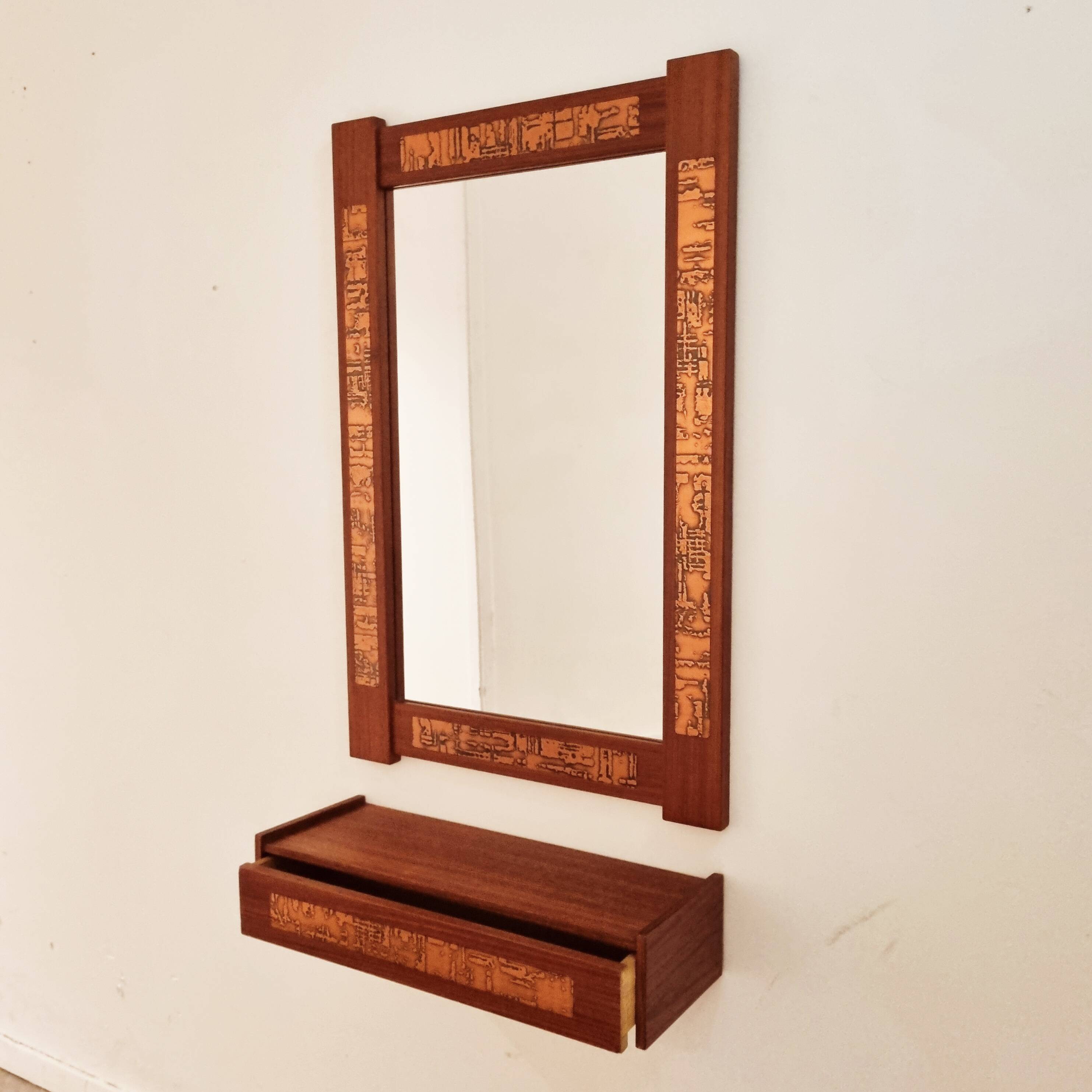 Mid-Century Teak and Copper Hallway Set with Mirror and Shelve, 1960s, Set of 2
