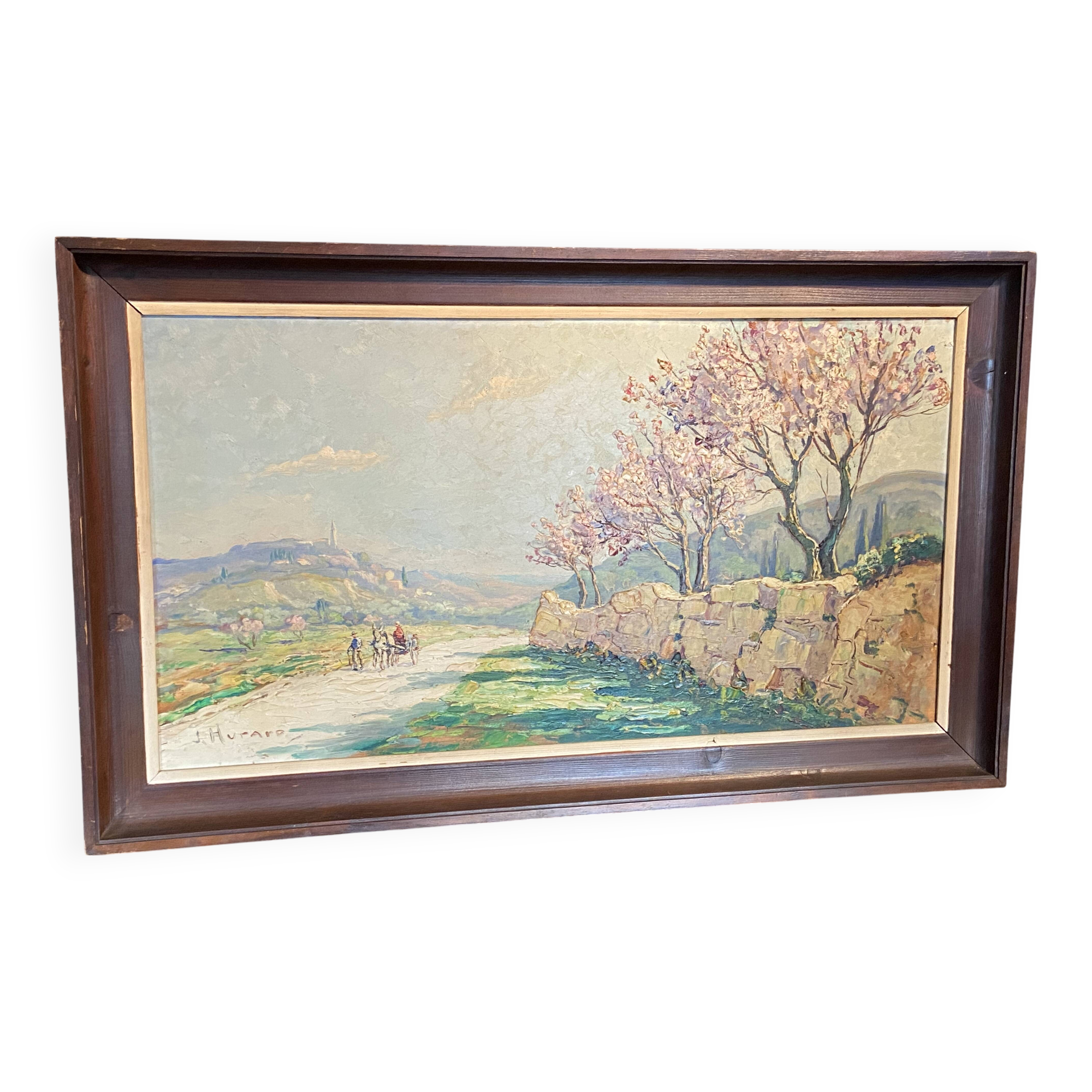 Landscape painting view from the village of Les Angles, Gard, Avignon, Hurard 1887-1956