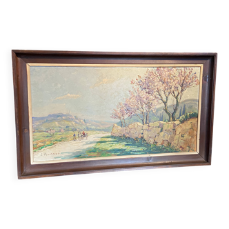 Landscape painting view of the village of Angles Gard Avignon Hurard 1887-1956