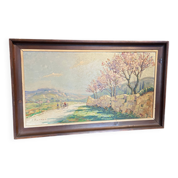 Tableau paysage vue du village des Angles Gard Avignon Hurard 1887-1956