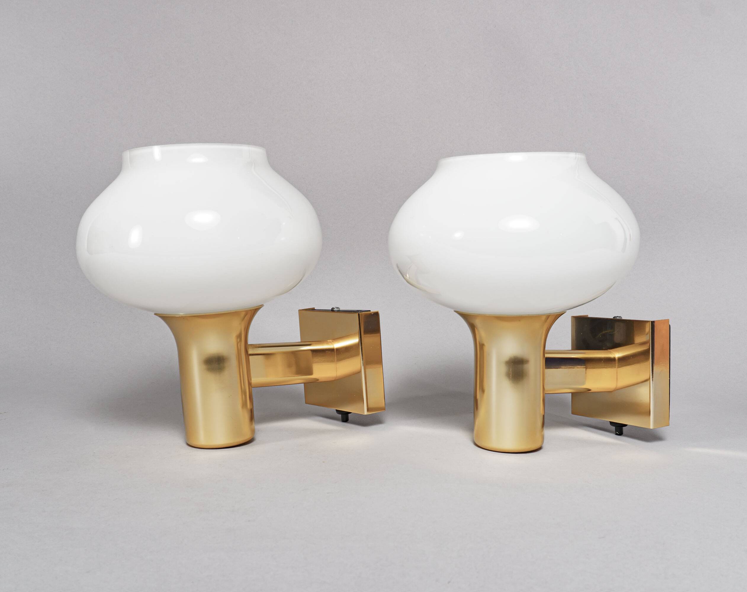 Pair of Vintage 1970s British Gold & Opaline Glass Wall Lamps / Sconces