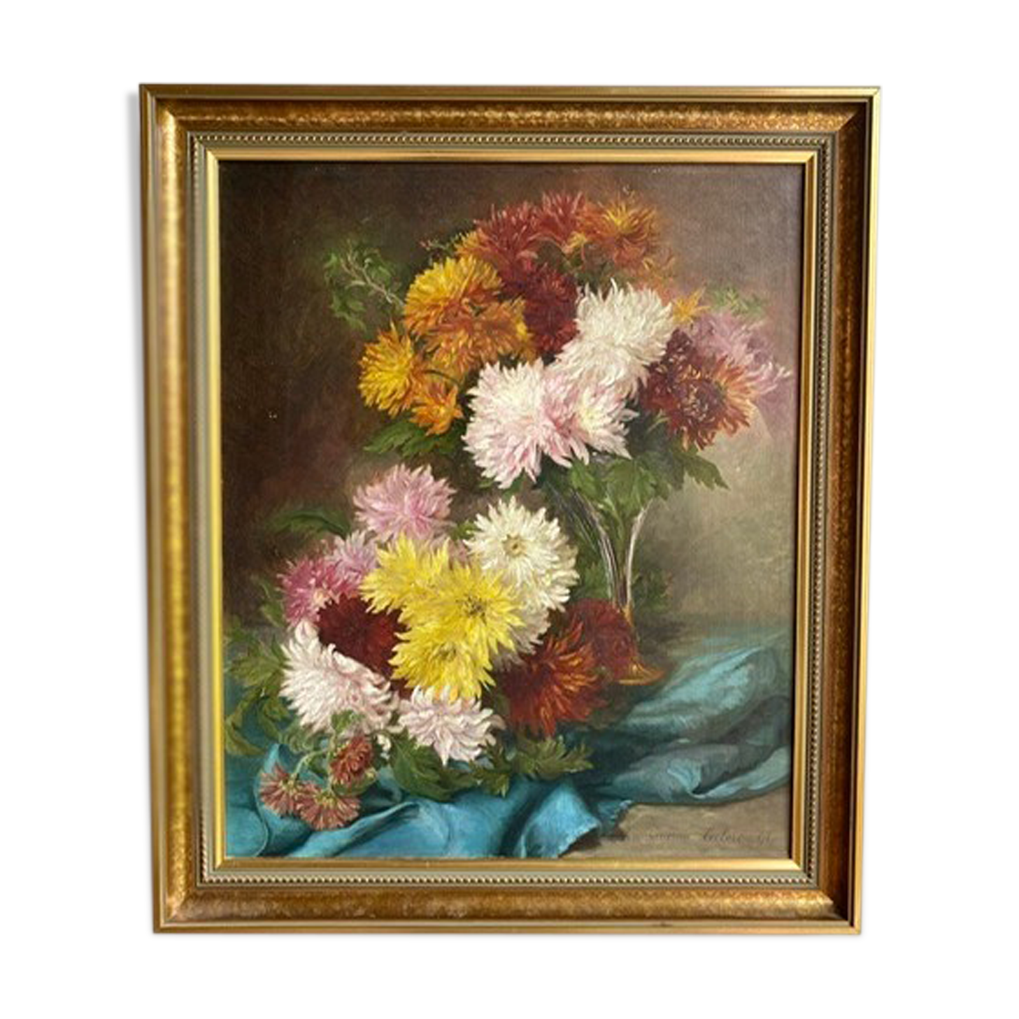 Ancient painting, dead nature with dahlias, signed, dated, late 19th century
