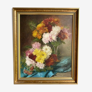 Ancient painting, dead nature with dahlias, signed, dated, late 19th century