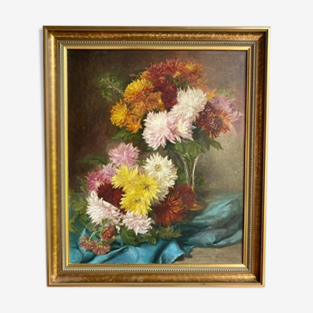 Tableau ancien , nature morte aux dahlias , signé, daté, fin XlX siècle