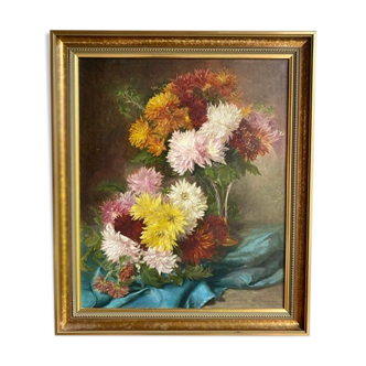 Tableau ancien , nature morte aux dahlias , signé, daté, fin XlX siècle