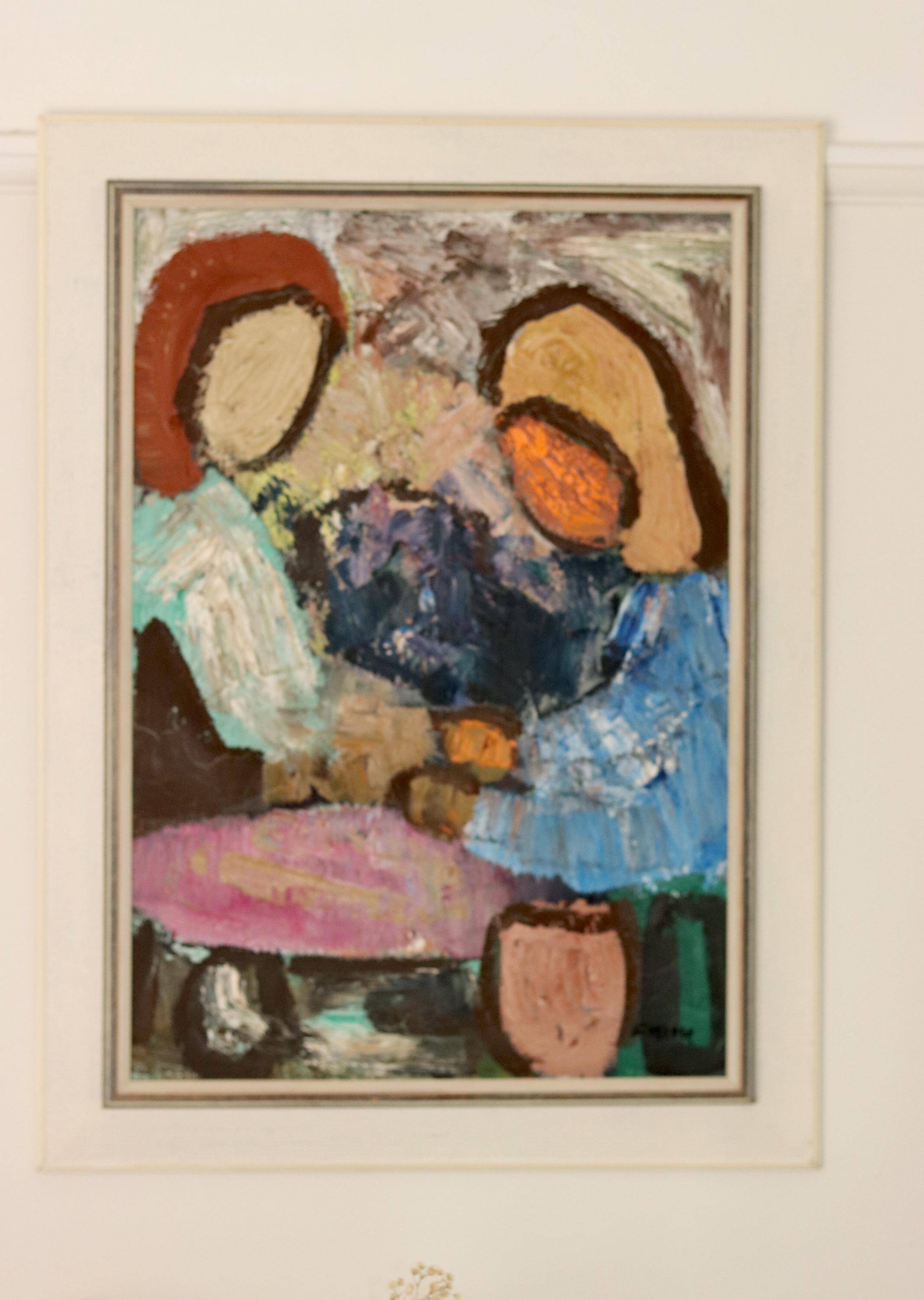 Grande peinture à l'huile moderniste suédoise « Mère et fille » par Gösta Falck vers 1960 - Vintage et encadrée
