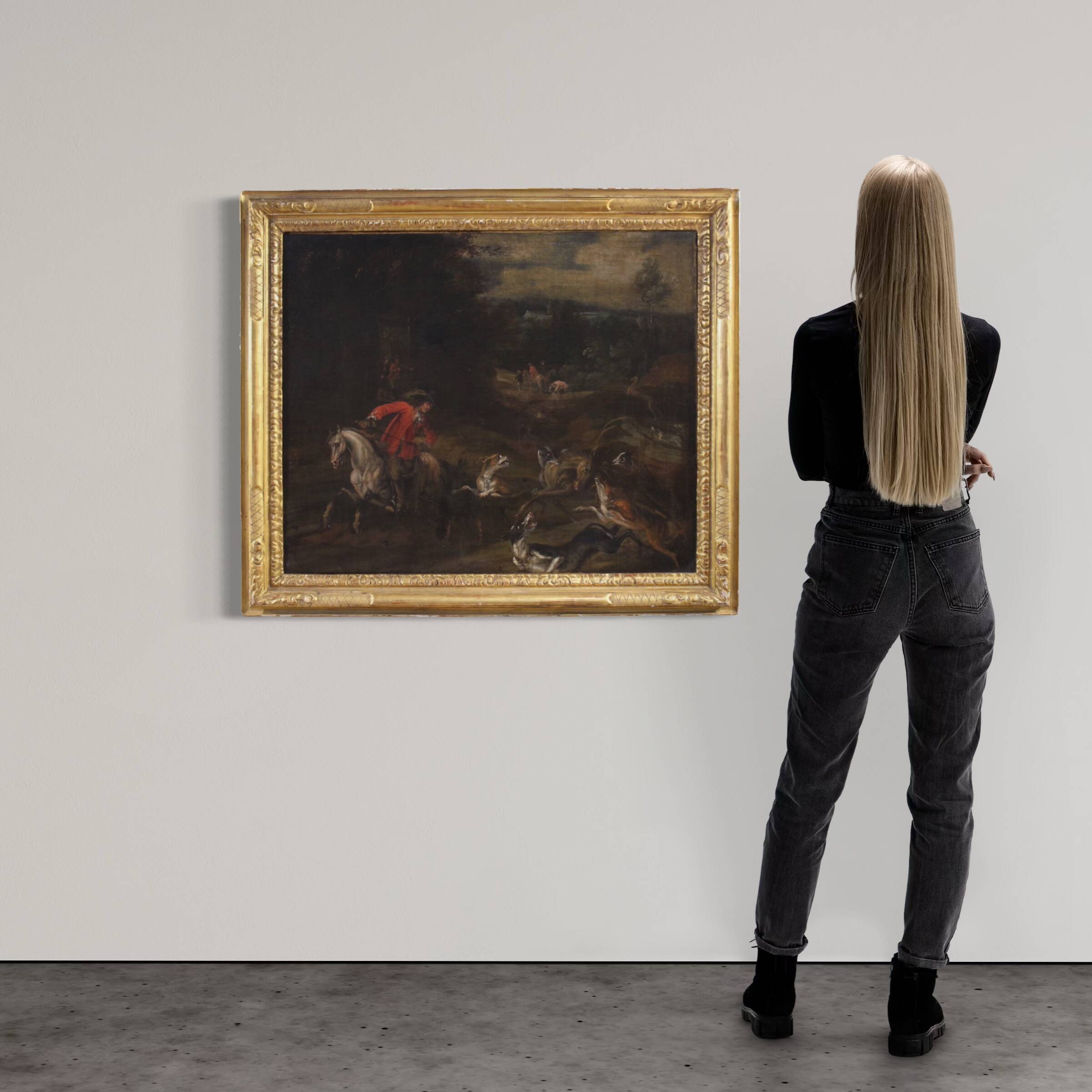 Peinture italienne antique d'une scène de chasse au cerf du XVIIIe siècle