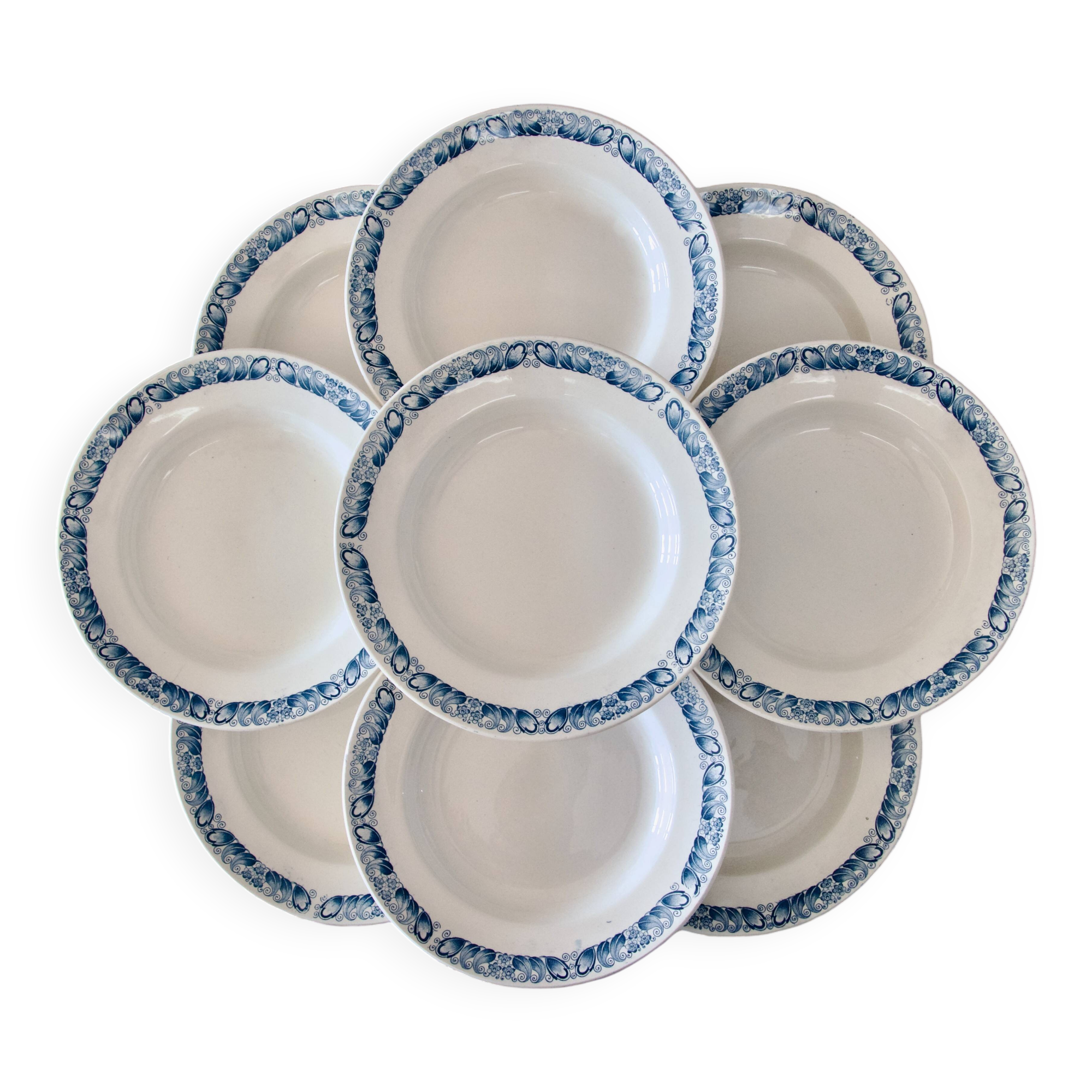 9 antique ironstone plates signed Longchamp "Marcel"