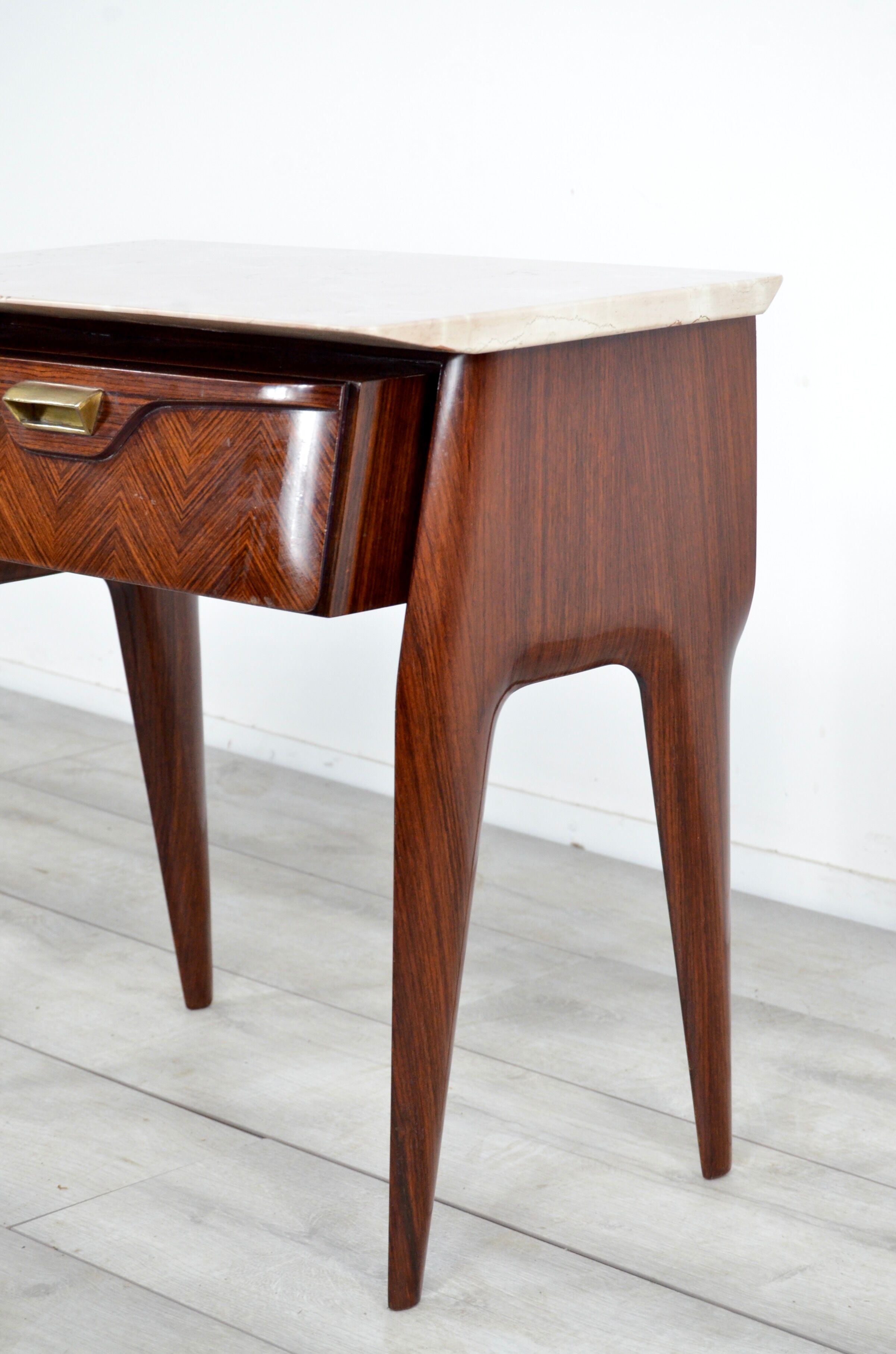 Set of 2 italian midcentury rosewood, carrara marble and brass bedside tables / cabinets. vintage