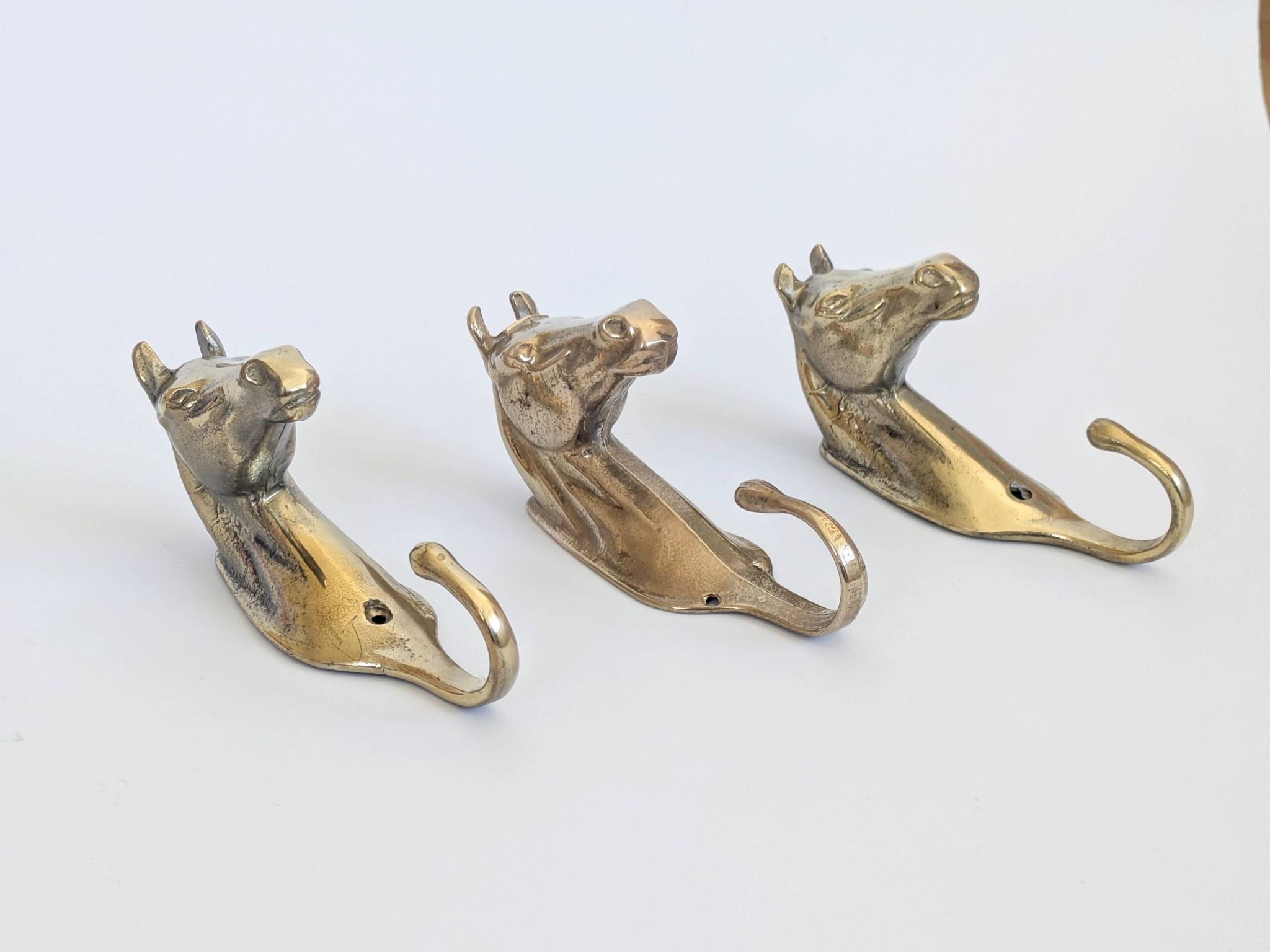 Set of 3 brass wall hooks horse head vintage coat hangers