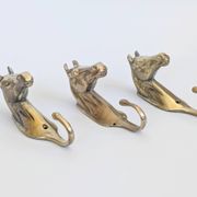 Set of 3 brass wall hooks horse head vintage coat hangers