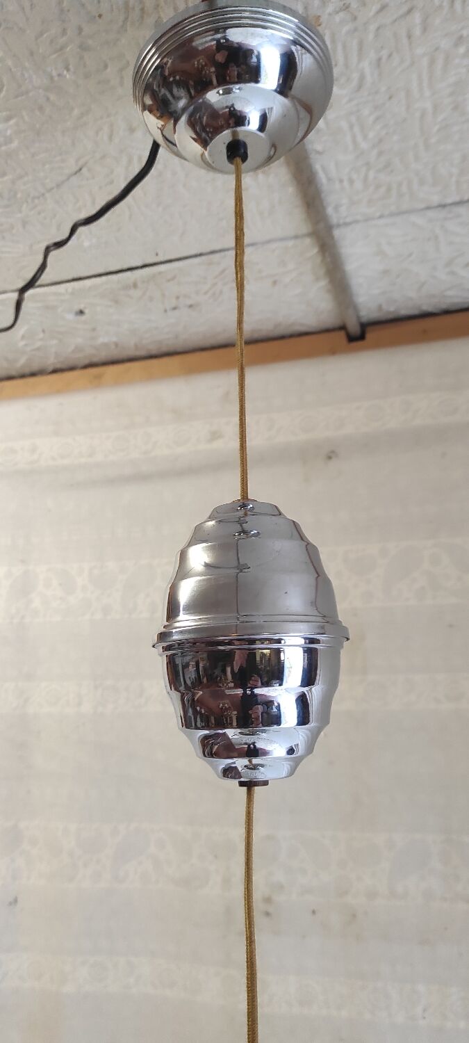 Art Deco suspension in chrome metal and opaline globe - mid 20th century