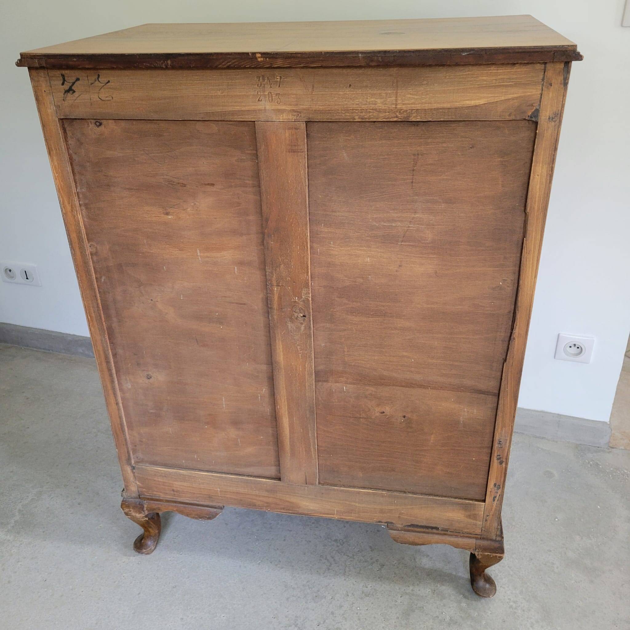 Commode anglaise haute 5 tiroirs marqueterie en ronce