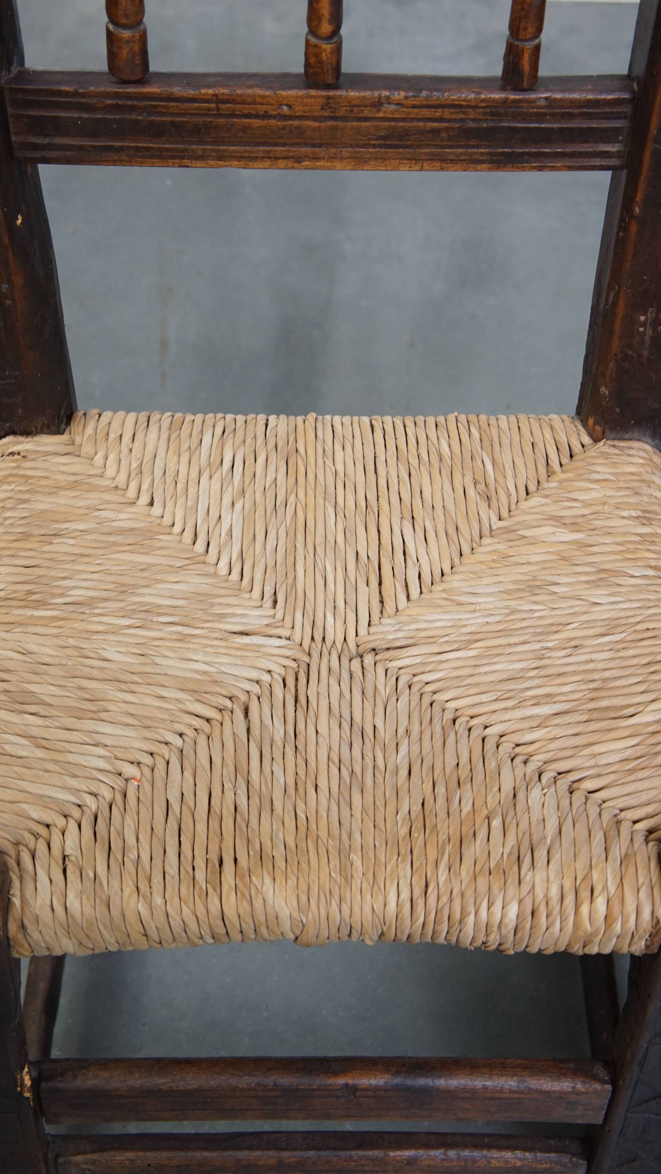 Set of 4 Antique Spanish Country Chairs with Woven Rattan Seats