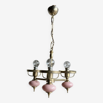 Small pink and gold chandelier with 3 arms of lights